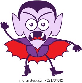 Brave vampire in minimalist style with pointy ears, sharp fangs, hairstyle and red cape while clenching his fists, protesting and showing an angry mood