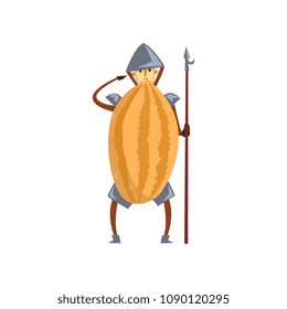 Brave warrior melon cartoon character with spear, man in fruit costume vector Illustration on a white background