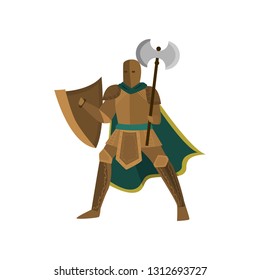 Brave warrior stands in an open pose, holding an axe in hand and shield in other one