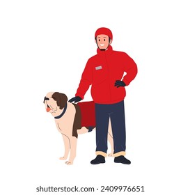 Brave winter rescuer man with dog wearing harness assistant standing ready to help isolated on white