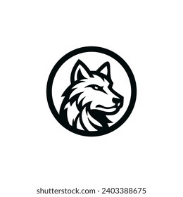 Brave wolf logo inside circle. Brave wolf head logo in solid black