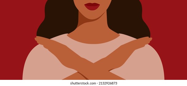 Brave woman crossed hands and protects her rights. Support and solidarity concept for gender equality and of the female empowerment movement. Vector illustration