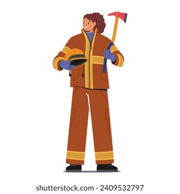 Brave Woman Firefighter, Clad In Uniform, Wields Her Axe With Determination, Ready To Confront Flames And Protect Lives With Unwavering Courage. Female Character Danger Profession. Vector Illustration