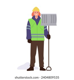 Brave woman janitor cartoon character standing with shovel ready to save city street from snow