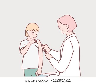 Brave young girl receiving an injection. Hand drawn style vector design illustrations.