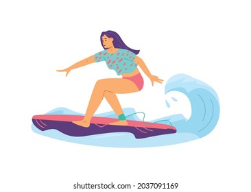 Brave young woman surfing on sea or ocean wave, flat vector illustration isolated on white background. Woman surfer standing on surfboard holding balance.