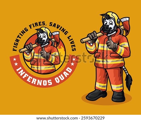 A brave zebra firefighter in full gear extinguishing flames