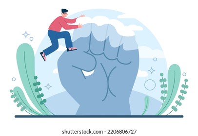 Bravery concept. Challenge overcoming, taking a risk to achieve success. Courageous character conquer the fear. Flat vector illustration
