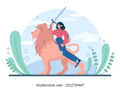 Concepto de valentía. Desafío superando, arriesgándose a lograr el éxito. El carácter valiente conquista el miedo. Ilustración vectorial plana