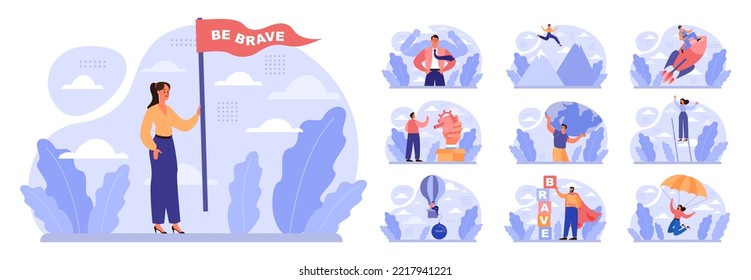 Bravery concept set. Challenge overcoming, taking a risk to achieve success. Courageous character conquer the fear. Flat vector illustration