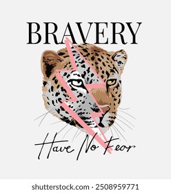 bravery slogan with leopard head and thunder bolt graphic vector illustration