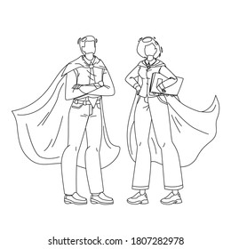 Bravery Super Heroes Courage Man And Woman Black Line Pencil Drawing Vector. Bravery Boy Businessman And Girl Businesswoman Wearing Super Hero Costume And Cape. Daring Illustration