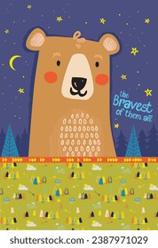 The Bravest Bear vector illustration collection. A super cute bear vector illustration that includes a seamless pattern and repeating border. Woodland nighttime themed in trendy colors suitable for bo