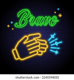 Bravo and clap hand icon with neon light glowing effect