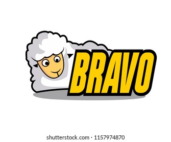 bravo has mean congrats, beautiful greeting card or label with sheep illustratition for farm theme, vector background, poster or banner