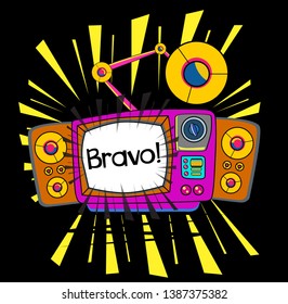 bravo has mean congrats, Beautiful greeting card poster with vintage Television and comic or cartoon style