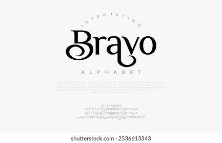 Bravo typography beauty fashion elegant minimalist serif italic fonts decorative wedding vintage retro logos. Minimal luxury font alphabet logo. Vector illustration