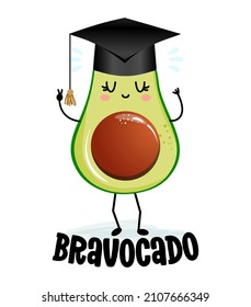 Bravocado (bravo avocado) kawaii character design with graduation hat on white background. Good for posters, flyers, t-shirts, cards, invitations, stickers, banners, gifts. Congratulation graduates.