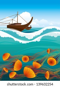 Brawn boat and cartoon orange jellyfish floating in the blue sea. Underwater life.