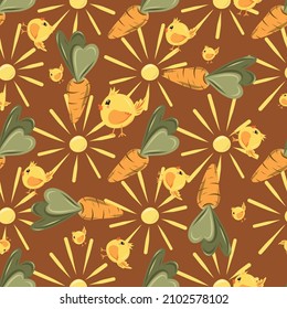 Brawn Easter vector seamless pattern with sun, chicken and carrot.