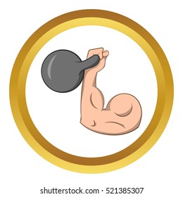 Brawny arm with dumbbell vector icon in golden circle, cartoon style isolated on white background