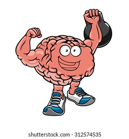 Brawny cartoon brain with muscles lifting weights and cheering, for sports concept design