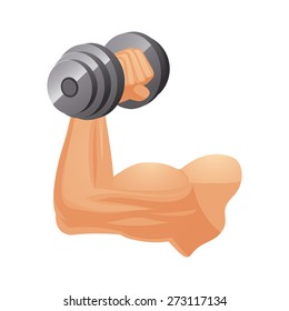 Brawny Caucasian arm with dumbbell isolated vector illustration