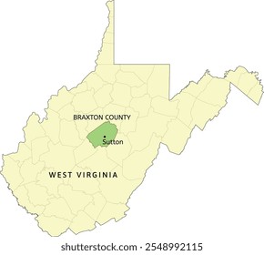 Braxton County and town of Sutton location on West Virginia state map