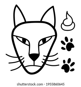 Brazen cat. Hand drawn vector illustration of cat face with paw. Cat Isolated objects on white background. Design concept for t-shirt. Outline style character design. One from Kitten pet collection