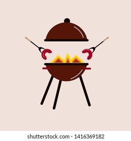 Brazier and sausages drawn in vector.   summer picnic.