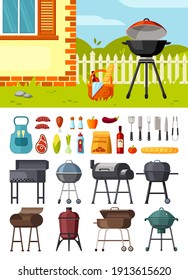 Braziers and barbecue set. Cooking equipment for frying meat and vegetables round metal square geometric shapes propane and charcoal picnic outdoor family fun. Cartoon vector grilling.