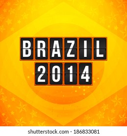 Brazil 2014 football poster. Bright yellow-orange background and timetable stylized letters. Vector illustration. 