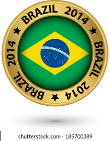  Brazil 2014 gold label with flag, vector illustration