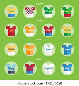 Brazil 2014 soccer group stages vector chart icon shirt kits.