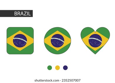 Brasil 3 formas (cuadrado, círculo, corazón) con bandera de la ciudad. Aislado sobre fondo blanco.