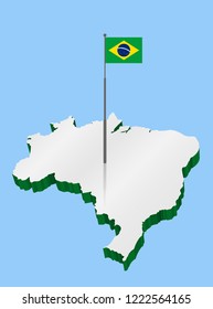 Brazil 3D Map with Flagpole and Brazilian Flag. All the objects, shadows and background are in different layers. 