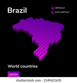 Brazil 3D map. Stylized neon isometric striped vector Map of Brazil is in violet colors on black background. Educational banner