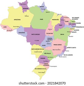 Brazil administrative map with states and capitals. Colored. Vector