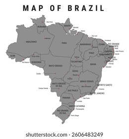 Brazil Administrative map vector isolated illustration. Brazil color map with regions. Political map of Brazil with Regions states, Red, Blue, Green, Grey, Colorful Brazil outline map, eps 10 image