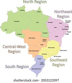 Brazil administrative regions map with states. Colored. Vector