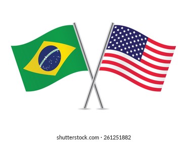 Brazil and America crossed flags. Brazilian and American flags on white background. Vector icon set. Vector illustration.