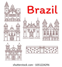 Brazil architecture landmarks and famous building facade line icons. Vector set of Brazilian Castello Fort, churches and cathedrals in Rio de Janeiro, and basilica monastery in Sao Paolo