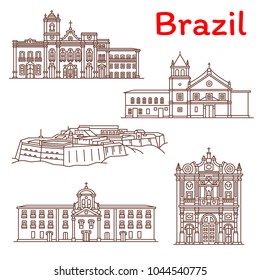 Brazil architecture landmarks and sightseeing building line icons. Vector set of Brazilian church of San Domingo or San Francisco, Nossa Senhora do Bonsucesso in rio de Janeiro and Santa Cruz fort