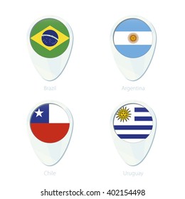 Brazil, Argentina, Chile, Uruguay flag location map pin icon. Brazil Flag, Argentina Flag, Chile Flag, Uruguay Flag. Vector Illustration.