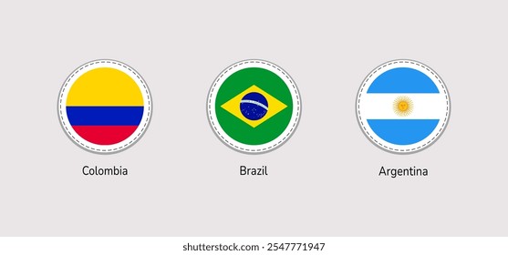 Brasil, Argentina, Colômbia bandeira arredondada autocolantes vetor ilustração. Os países latino-americanos sinalizam ícones isolados. América do Sul afirma símbolos oficiais definidos para design de viagem