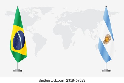 Brazil and Argentina flags for official meeting against background of world map, vector