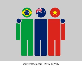 Brazil, Australia, and Vietnam National Flags With Embracing Body. Vector Illustration. Isolated background.