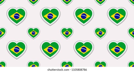 Brazil background. Brazilian flag seamless pattern. Vector sticker. Love hearts symbols. Good choice for sports pages, travel, school, geographic, cartographic elements. Traditional patriotic design