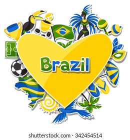 Brazil background with sticker objects and cultural symbols.