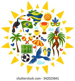 Brazil background with stylized objects and cultural symbols.